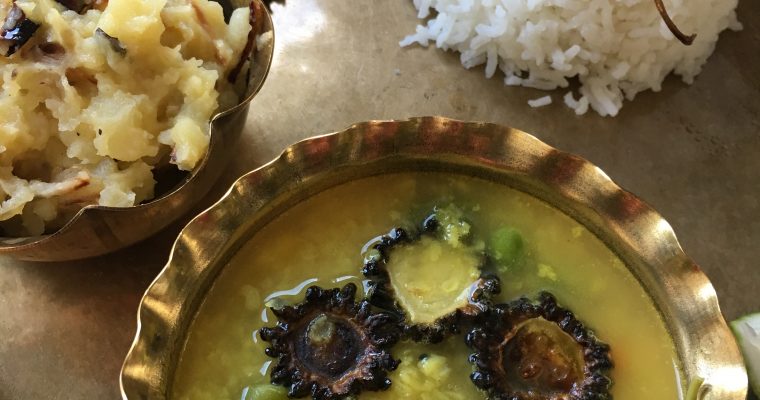 Shukto er Daal ( Mung Daal cooked with vegetables and lemon Leaf)