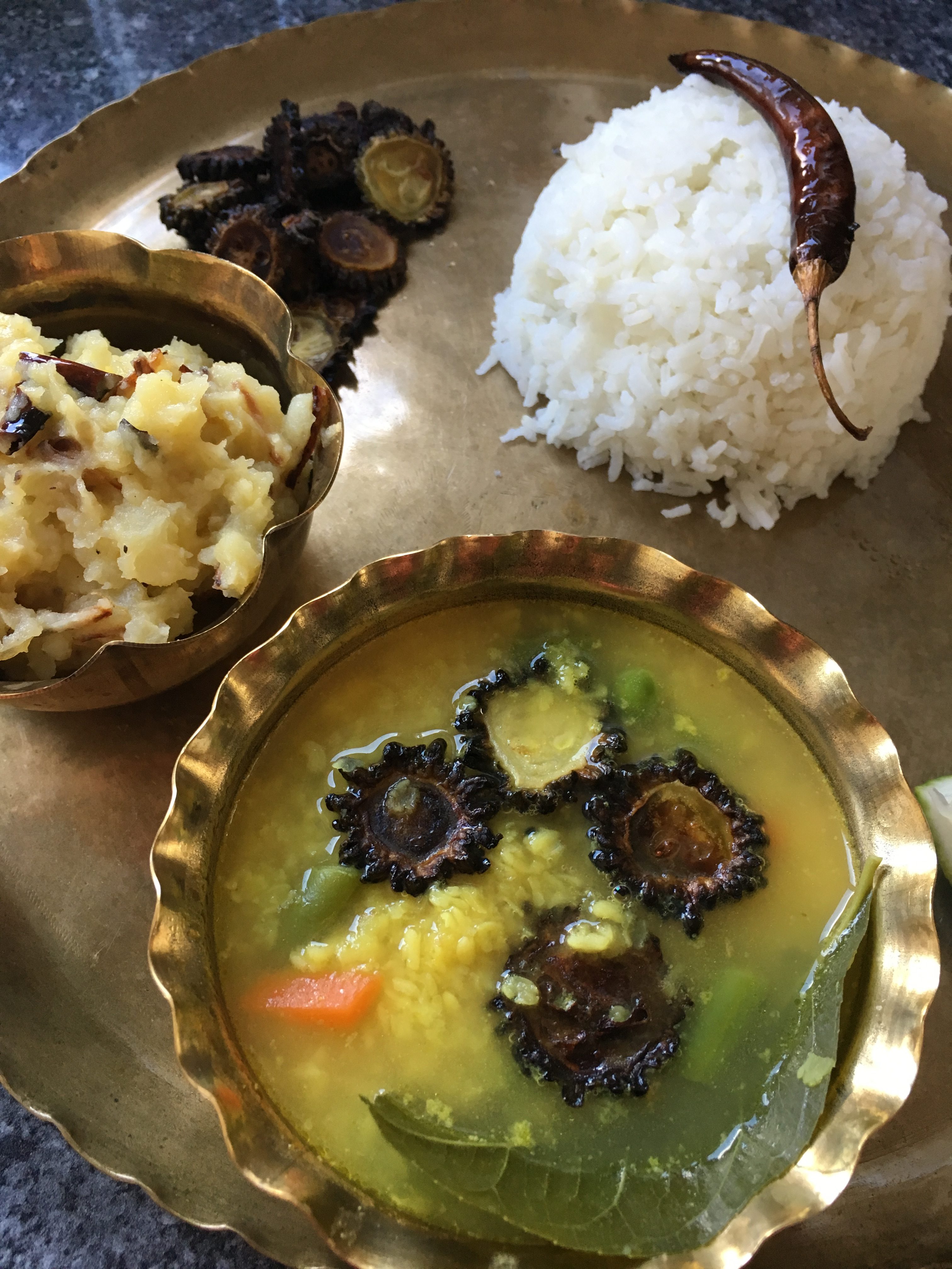 Shukto er Daal ( Mung Daal cooked with vegetables and lemon Leaf)